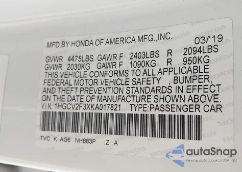 2019 Honda Accord Sport 2.0T из США, поврежденный, VIN 1HGCV2F3XKA017821